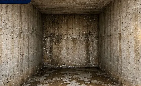 Inside an old concrete water tank before relining: stained, flaking walls