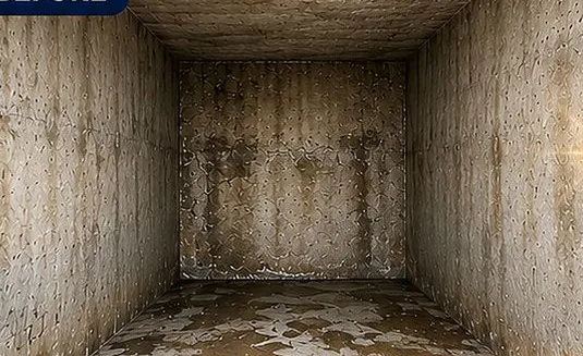 Inside an old concrete water tank before relining: stained, flaking walls