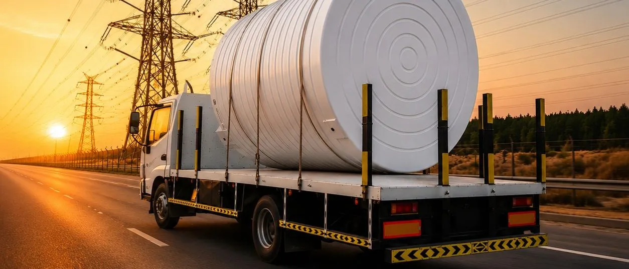 A large water tank strapped to a Tank Concept flatbed truck on the highway at sunset